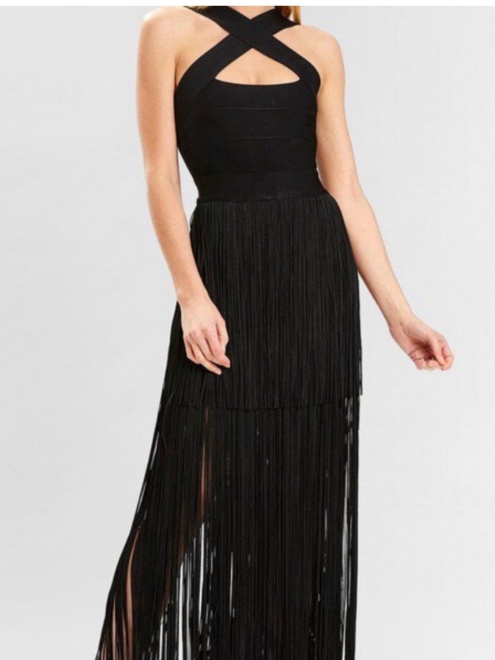 Hervé Léger Black Fringe Halter Gown Cross Back Bandage Dress Size s